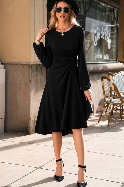 Black Solid Color Ruched Detail Long Sleeve Midi Dress