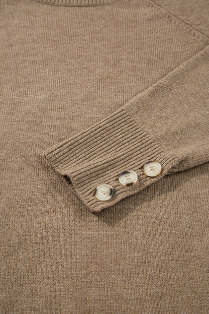 Camel Buttoned Bishop Sleeve Crew Neck Sweater - Elegant Fall Fashion