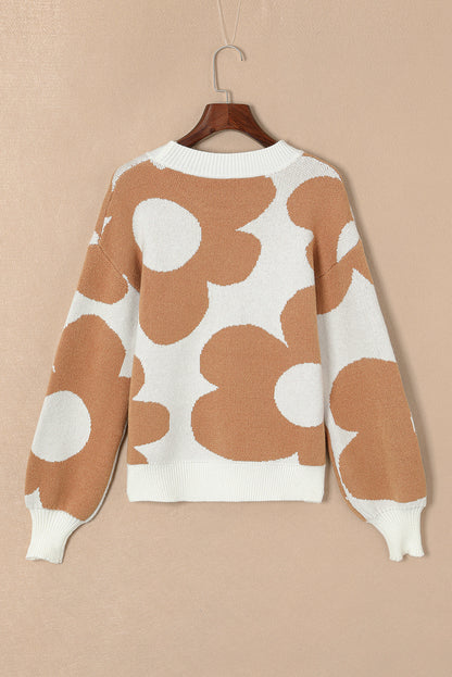 Khaki Big Flower Pattern Drop Shoulder Sweater - Romantic Floral Design