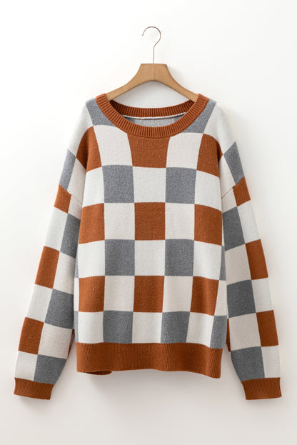 Brown Plus Size Checkered Crewneck Sweater - Comfortable Style