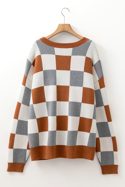 Brown Plus Size Checkered Crewneck Sweater - Comfortable Style