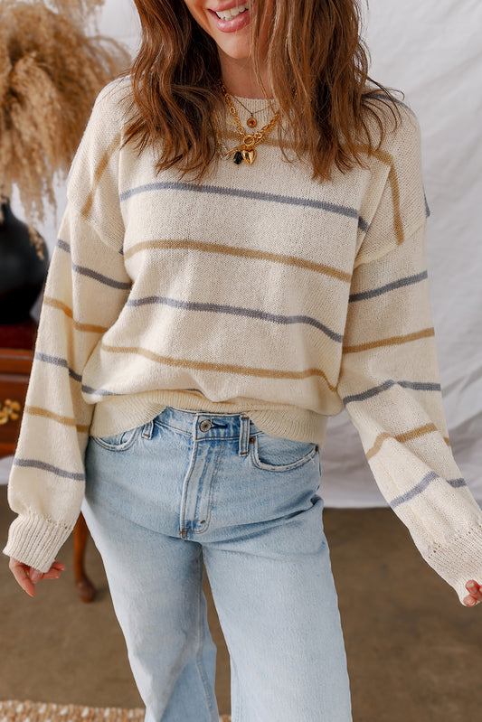 Multicolour Striped Ribbed Edge Drop Shoulder Sweater - Rainbow Style