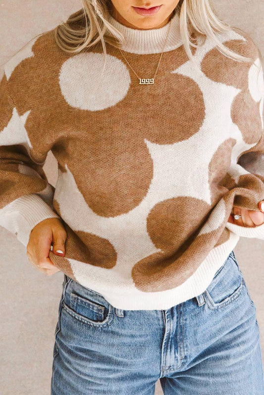 Khaki Big Flower Pattern Drop Shoulder Sweater - Romantic Floral Design